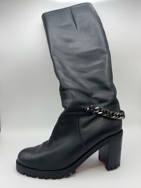 Christian Louboutin Napoleo 70 Black Leather Chain Knee Boot EU 36 Red Sole